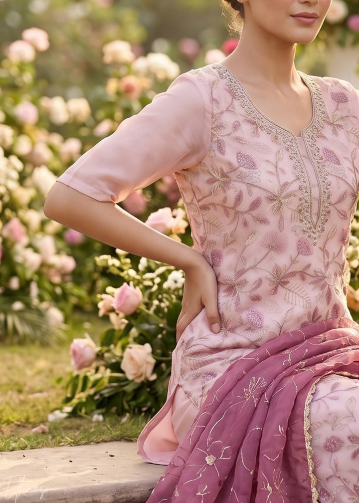 Blush Pink Vines-Embroidered Chinon Palazzo Suit