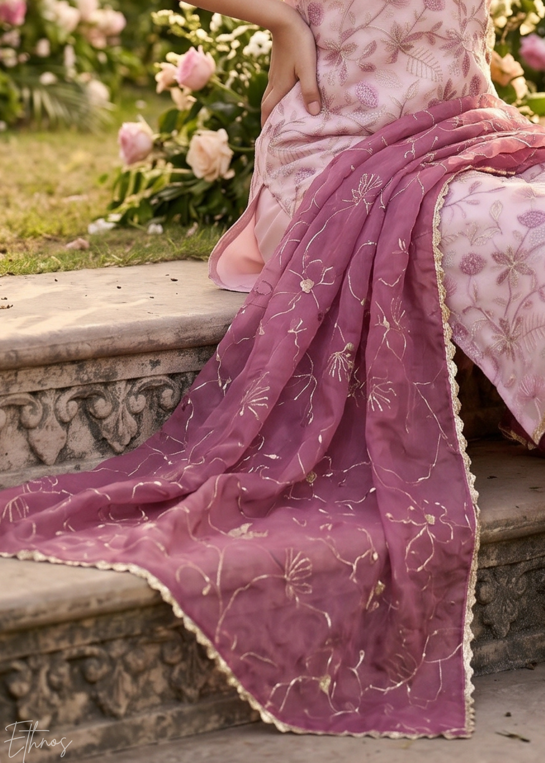 Blush Pink Vines-Embroidered Chinon Palazzo Suit
