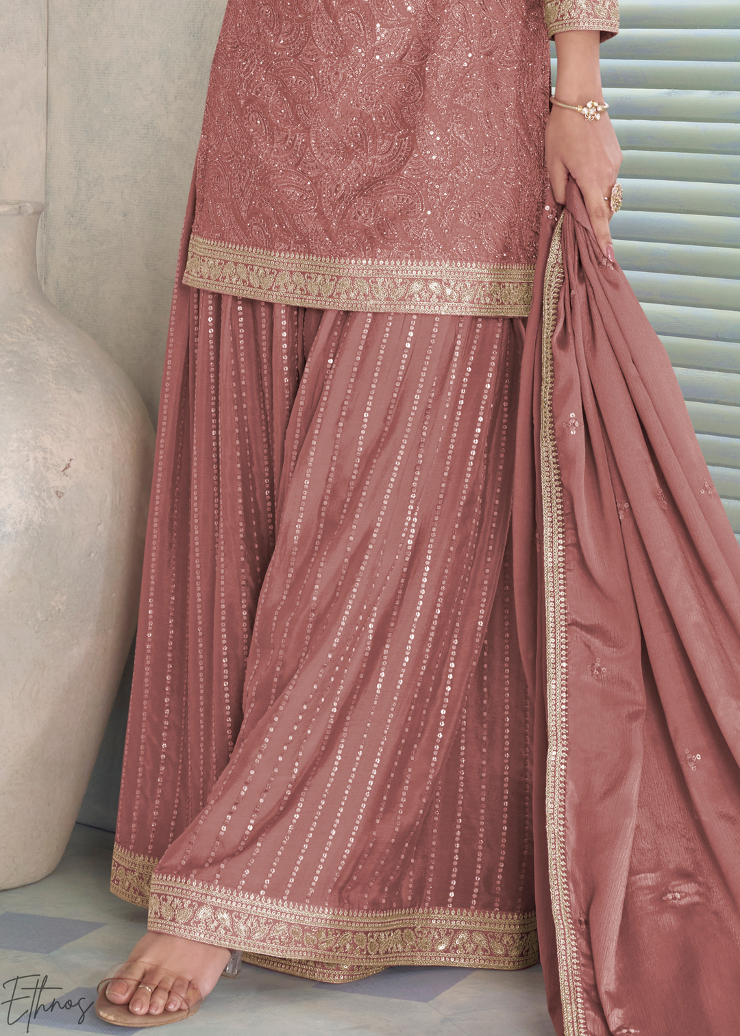 Blush Pink Zari-Encrusted Chinon Sharara Suit