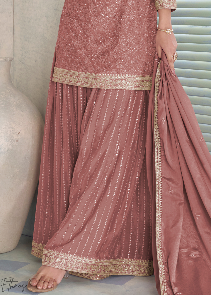 Blush Pink Zari-Encrusted Chinon Sharara Suit