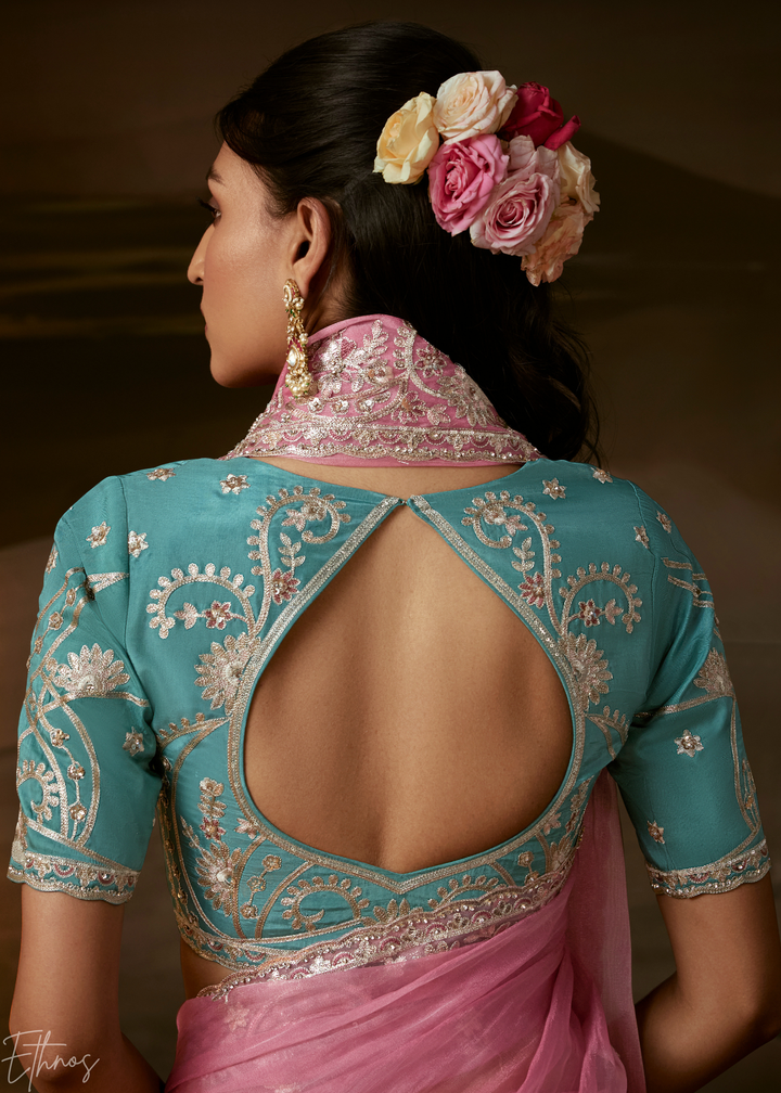 Blush Rose Cutwork Scallop Border Organza Saree
