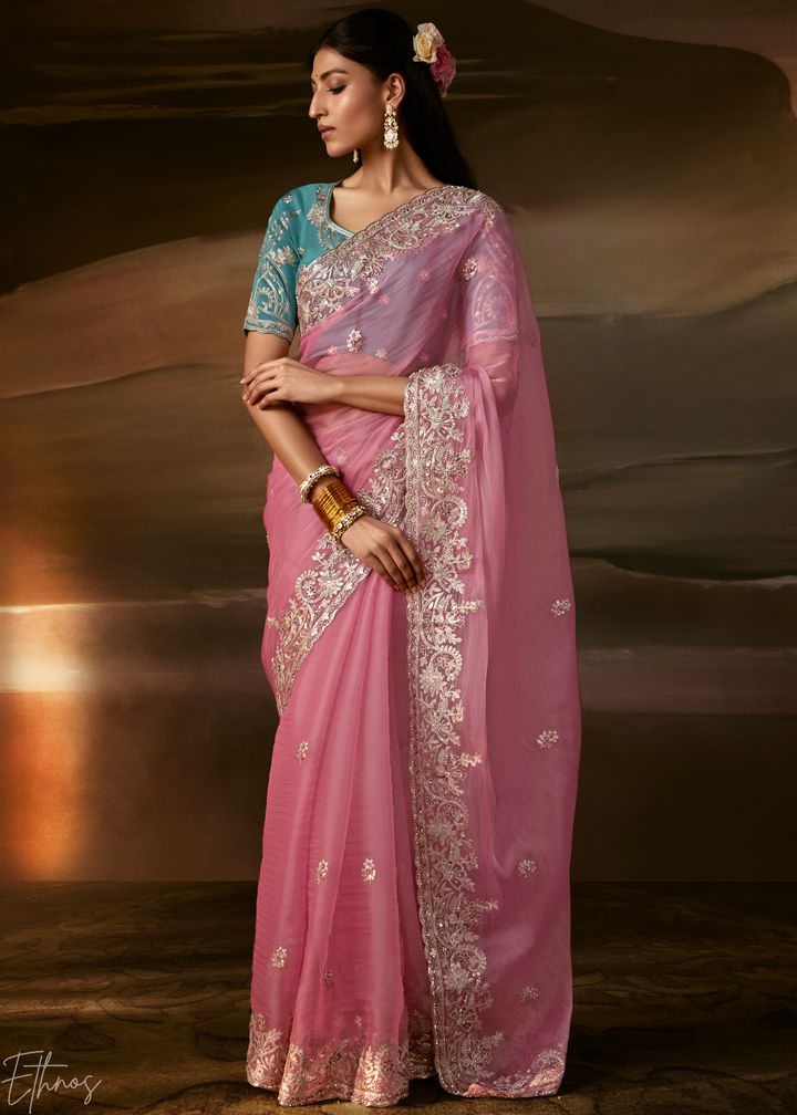 Blush Rose Cutwork Scallop Border Organza Saree
