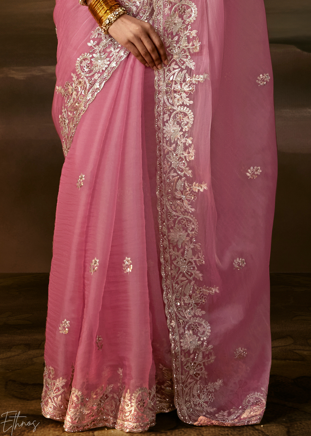 Blush Rose Cutwork Scallop Border Organza Saree