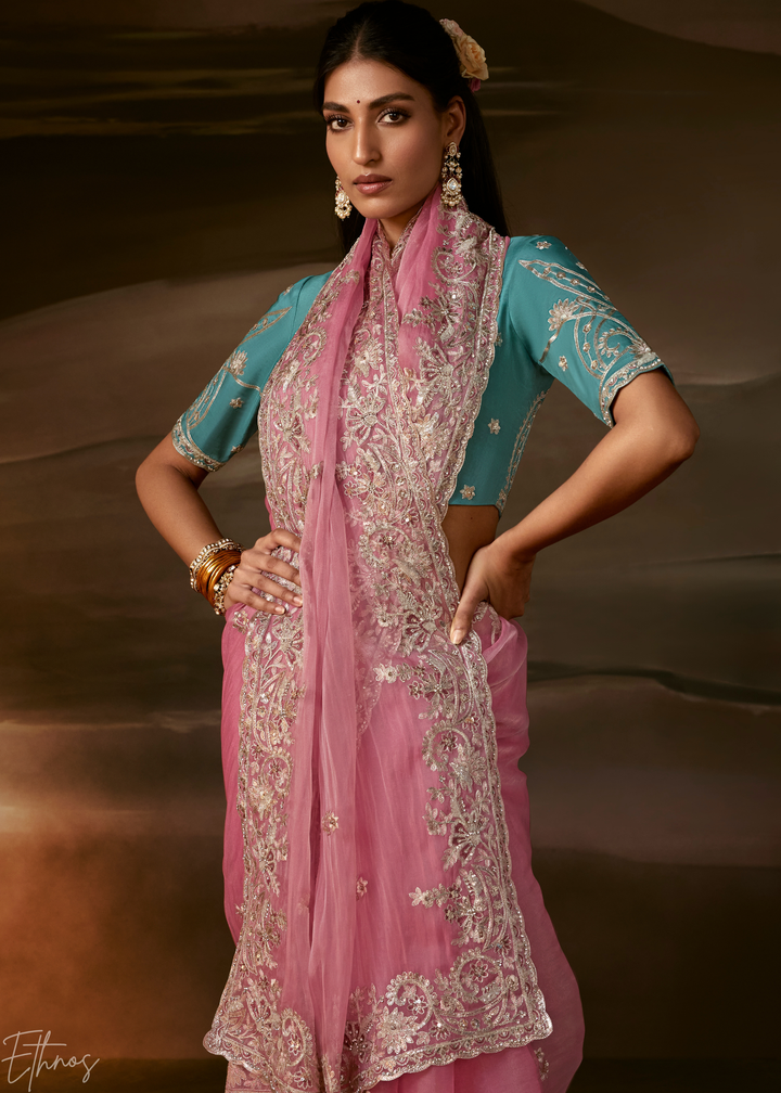 Blush Rose Cutwork Scallop Border Organza Saree