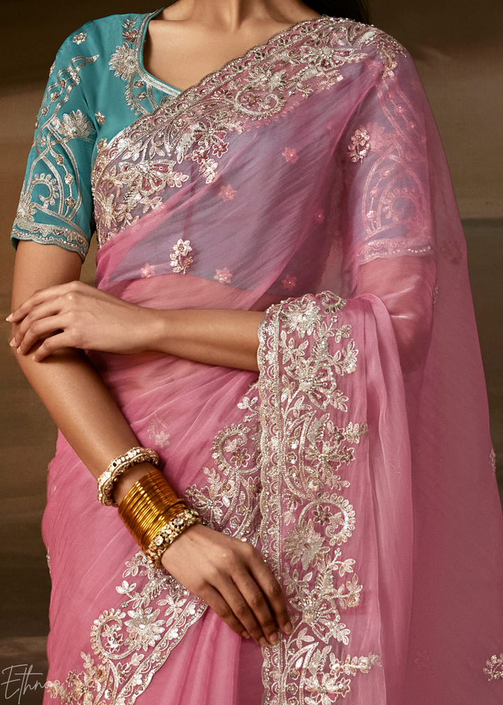 Blush Rose Cutwork Scallop Border Organza Saree