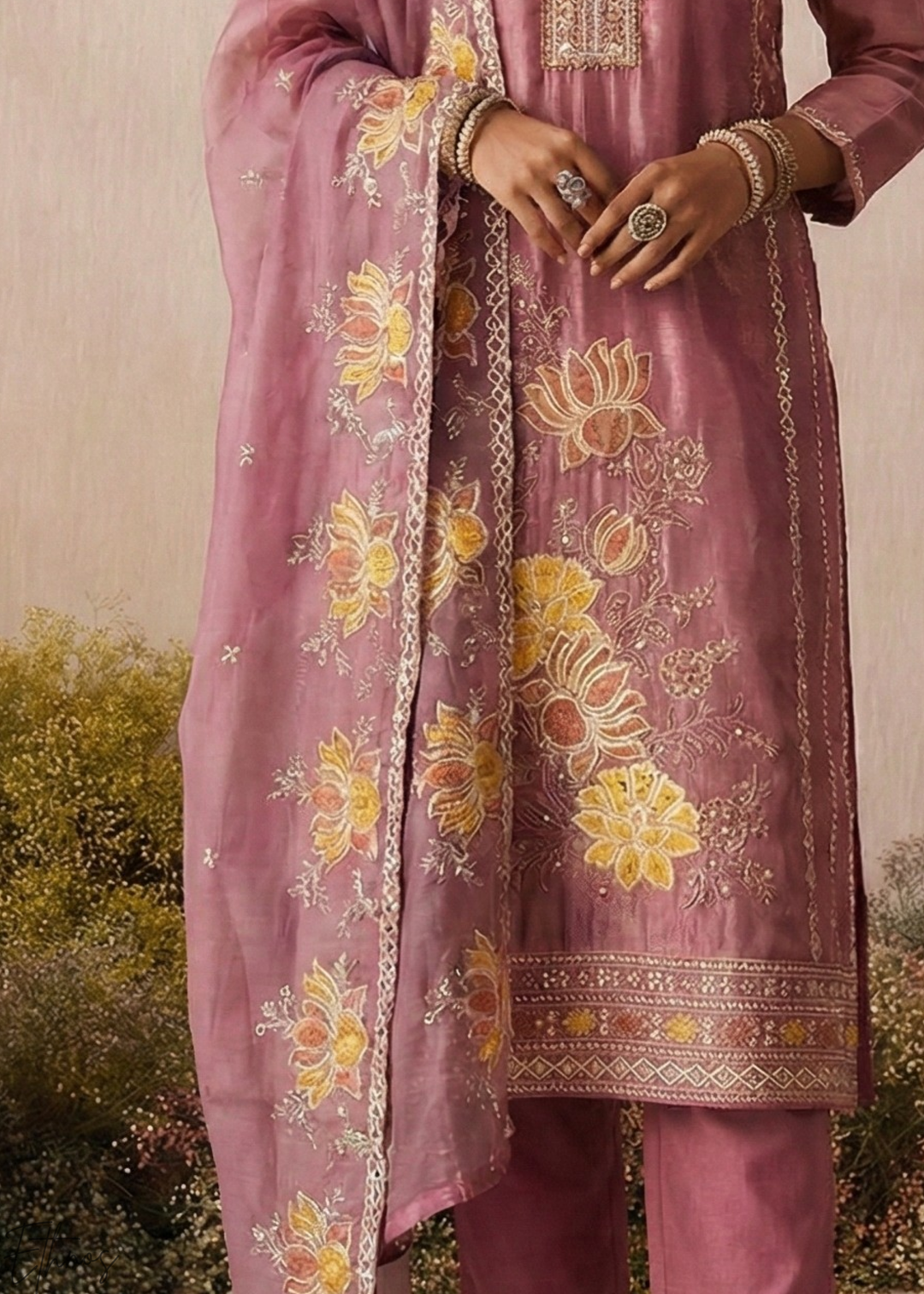 Blush Textured Flora Shimmer Silk Palazzo Suit