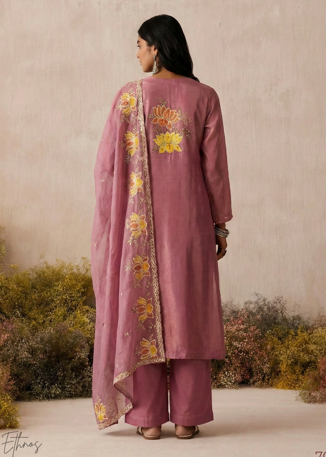 Blush Textured Flora Shimmer Silk Palazzo Suit