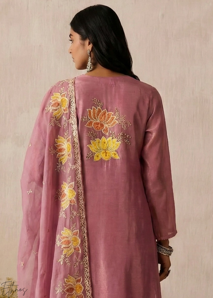 Blush Textured Flora Shimmer Silk Palazzo Suit