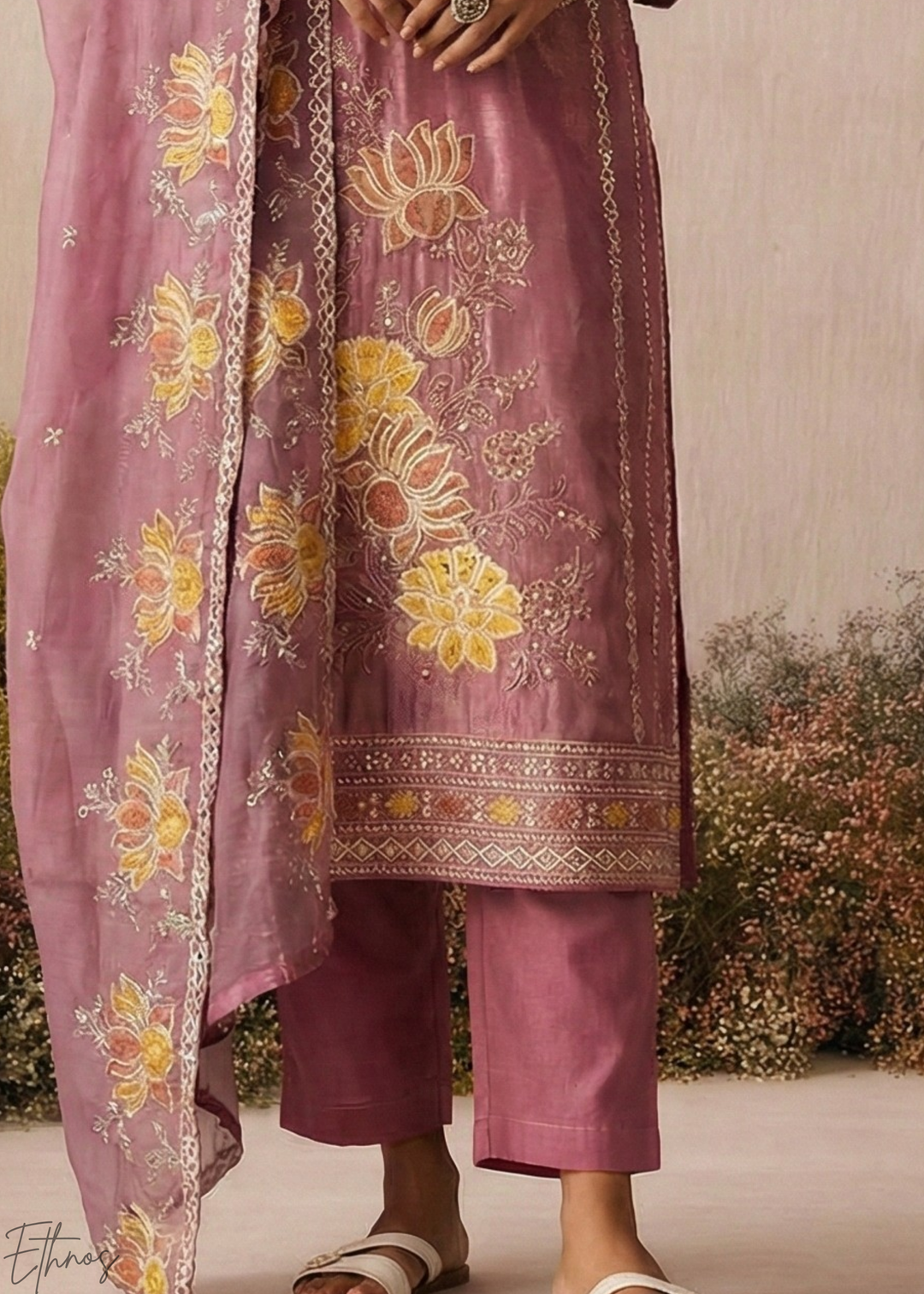 Blush Textured Flora Shimmer Silk Palazzo Suit