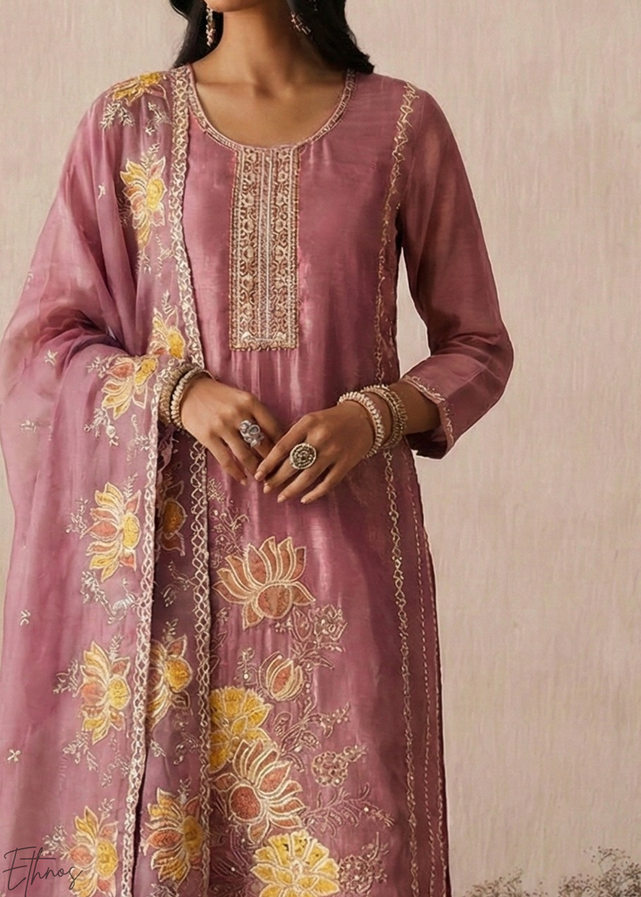 Blush Textured Flora Shimmer Silk Palazzo Suit