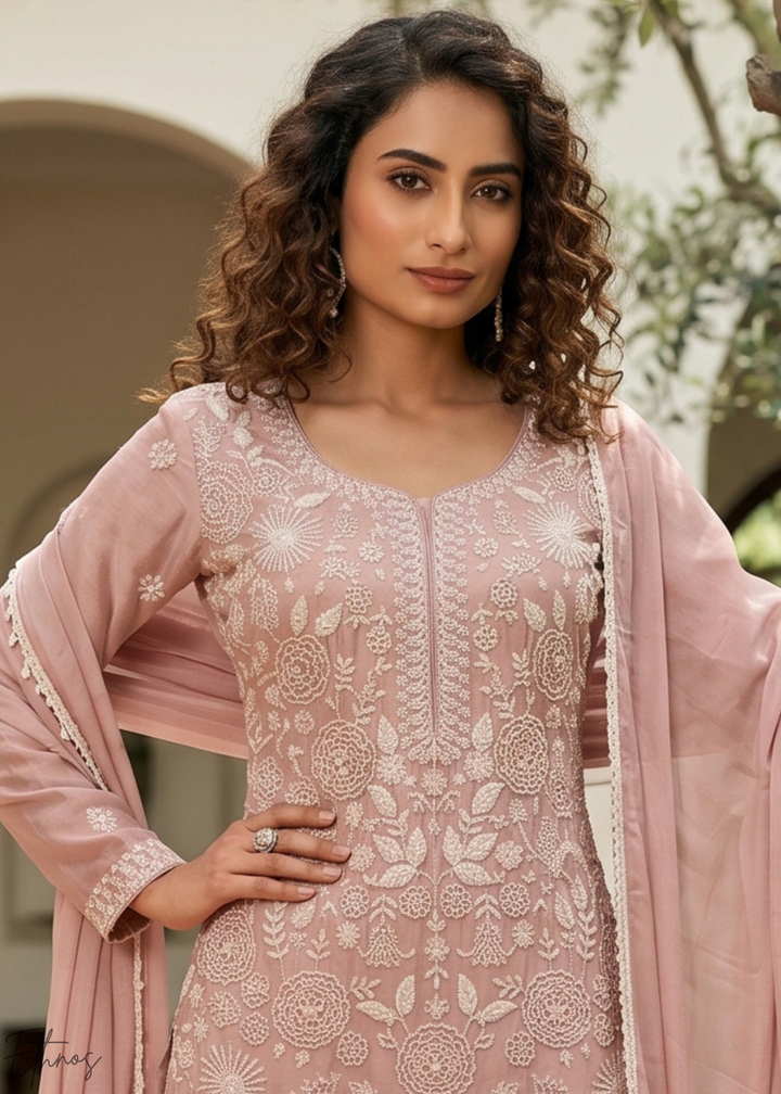 Blush Pink Beaded-Breeze Chinon Sharara Suit