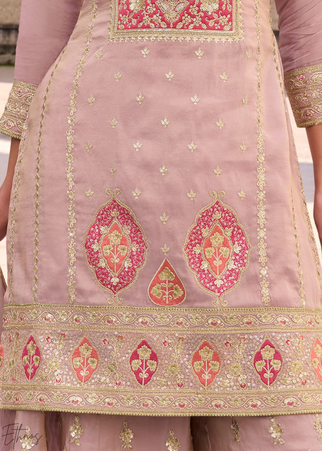 Blush Pink Embroidered Simar Silk Palazzo Suit