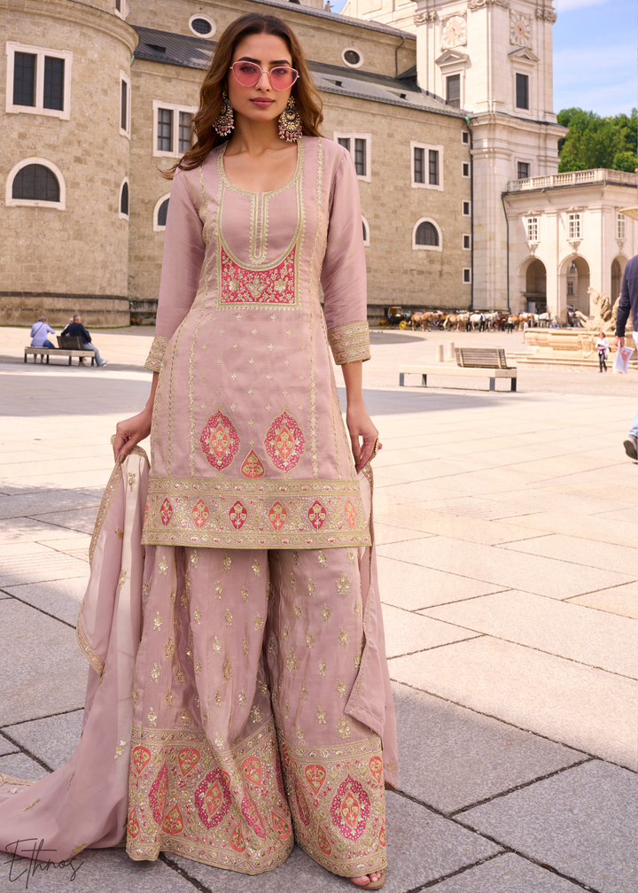 Blush Pink Embroidered Simar Silk Palazzo Suit