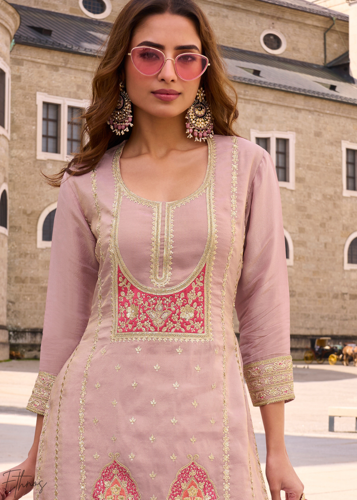 Blush Pink Embroidered Simar Silk Palazzo Suit