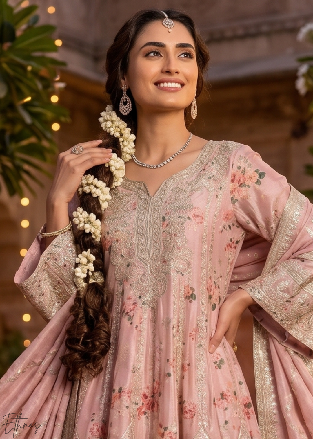 Blush Pink Floral-Printed & Embroidered Peplum Chinon Suit