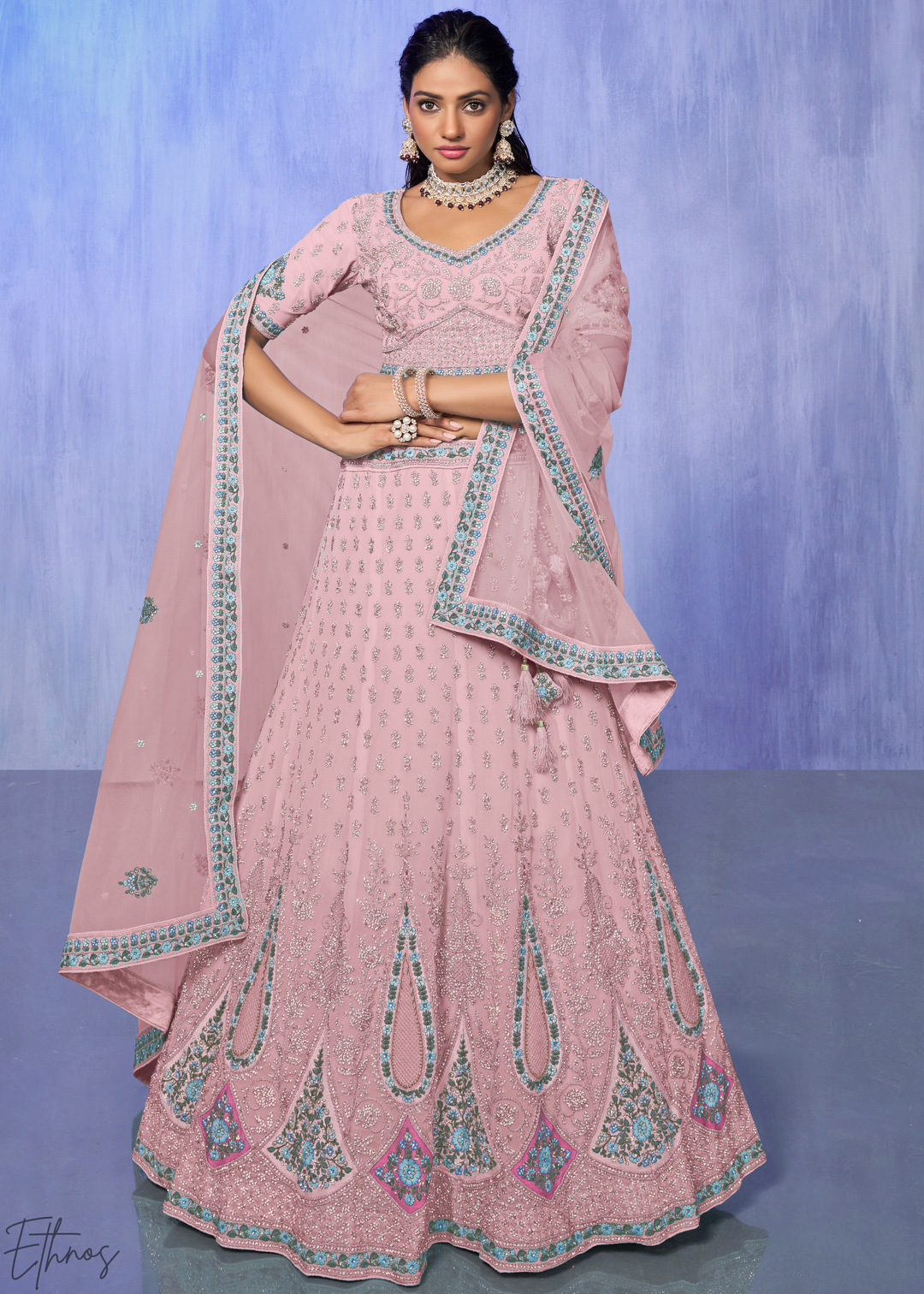 Blush Pink Floral & Paisley Embroidered Georgette Lehenga Choli Set