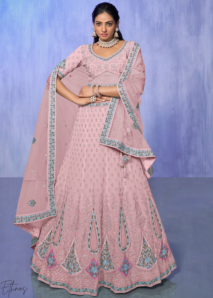 Blush Pink Floral & Paisley Embroidered Georgette Lehenga Choli Set