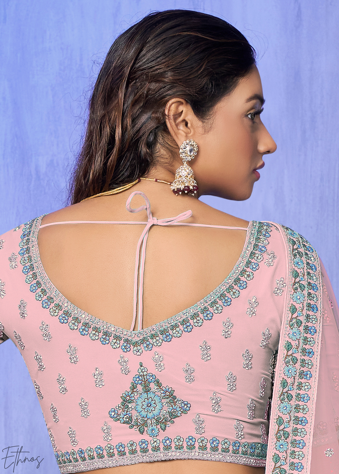 Blush Pink Floral & Paisley Embroidered Georgette Lehenga Choli Set