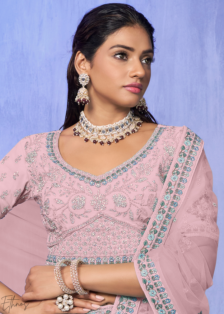 Blush Pink Floral & Paisley Embroidered Georgette Lehenga Choli Set