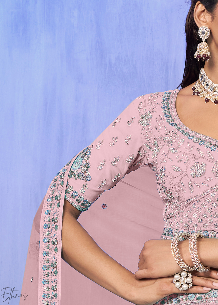 Blush Pink Floral & Paisley Embroidered Georgette Lehenga Choli Set