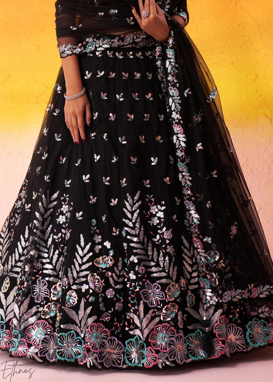 Black Multi-Colored Sequins Net Lehenga