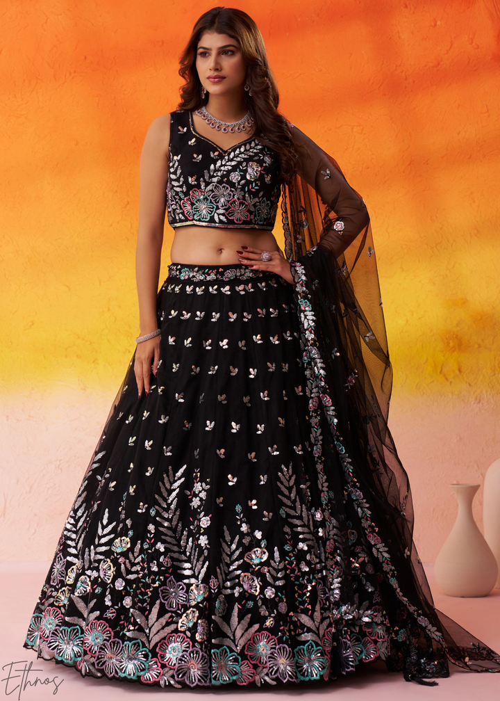Black Multi-Colored Sequins Net Lehenga
