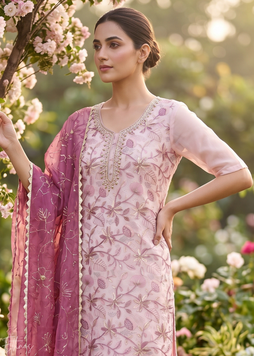 Blush Pink Vines-Embroidered Chinon Palazzo Suit