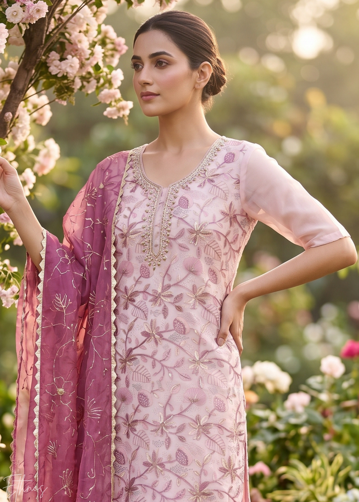 Blush Pink Vines-Embroidered Chinon Palazzo Suit