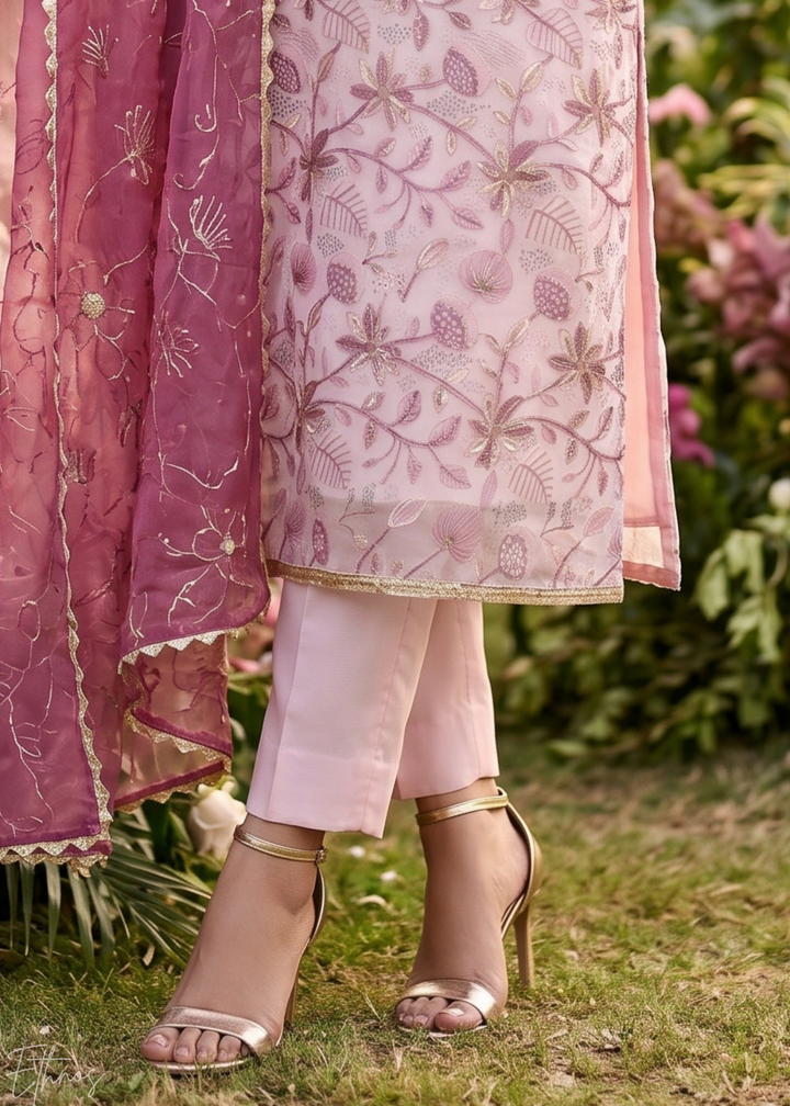 Blush Pink Vines-Embroidered Chinon Palazzo Suit