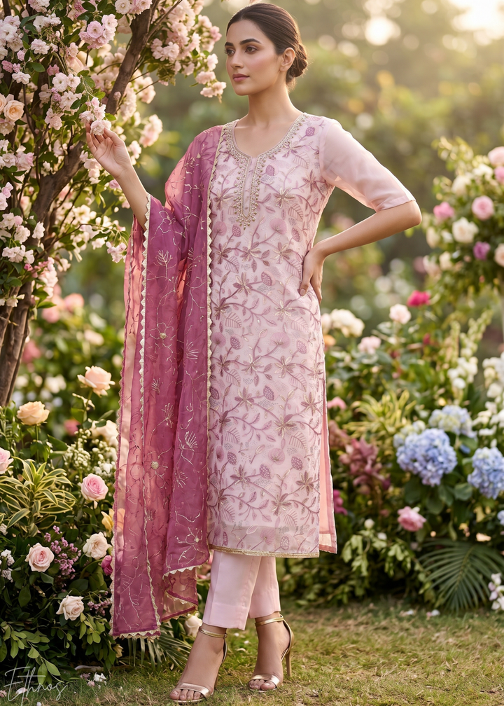 Blush Pink Vines-Embroidered Chinon Palazzo Suit