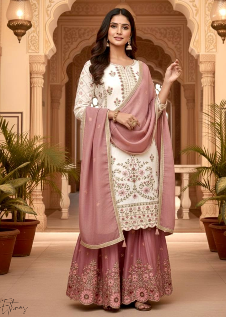 Blush & White Silk Sharara Suit