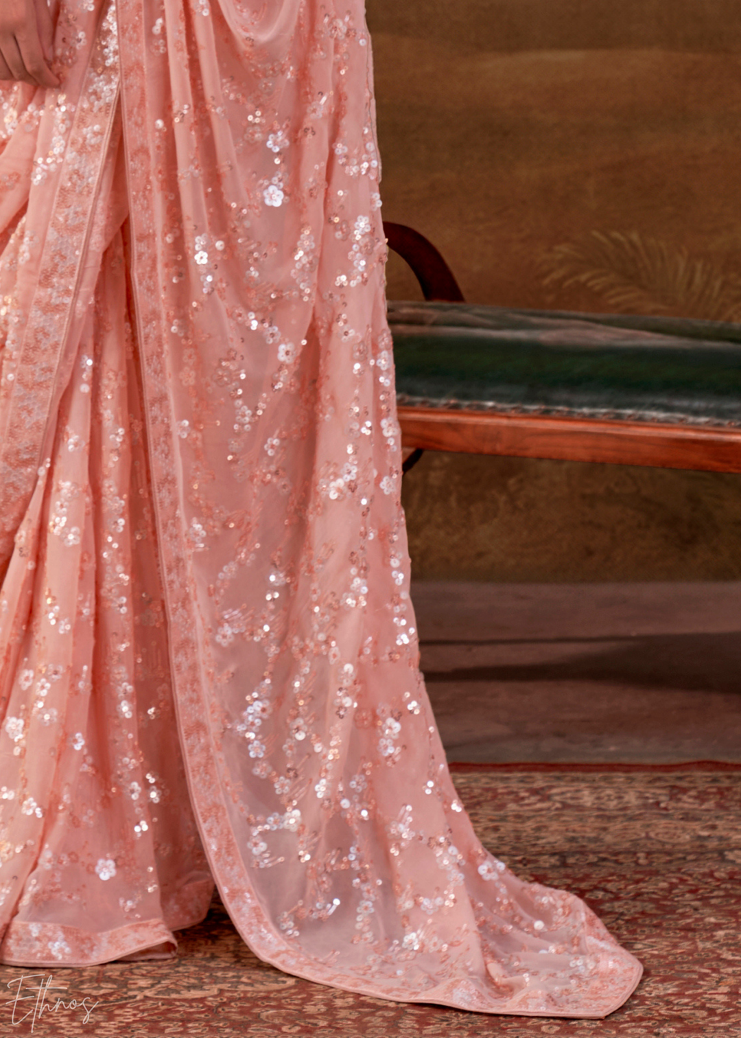 Blushing Pink Iridescent Sequin Blossom Georgette Saree