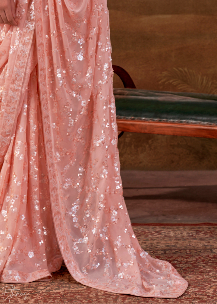 Blushing Pink Iridescent Sequin Blossom Georgette Saree