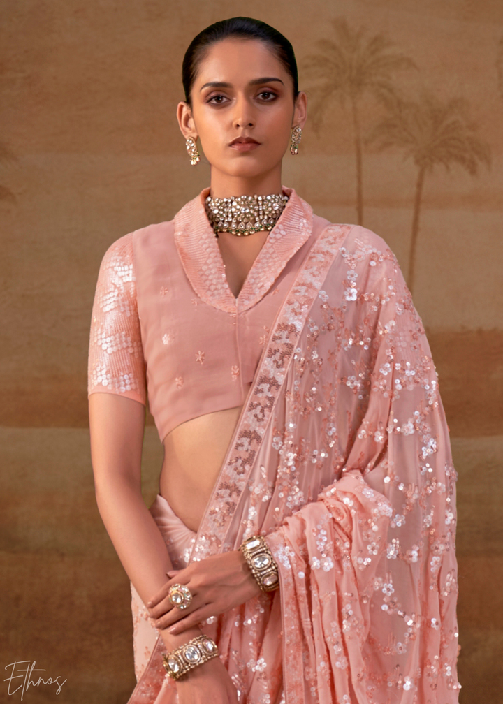 Blushing Pink Iridescent Sequin Blossom Georgette Saree