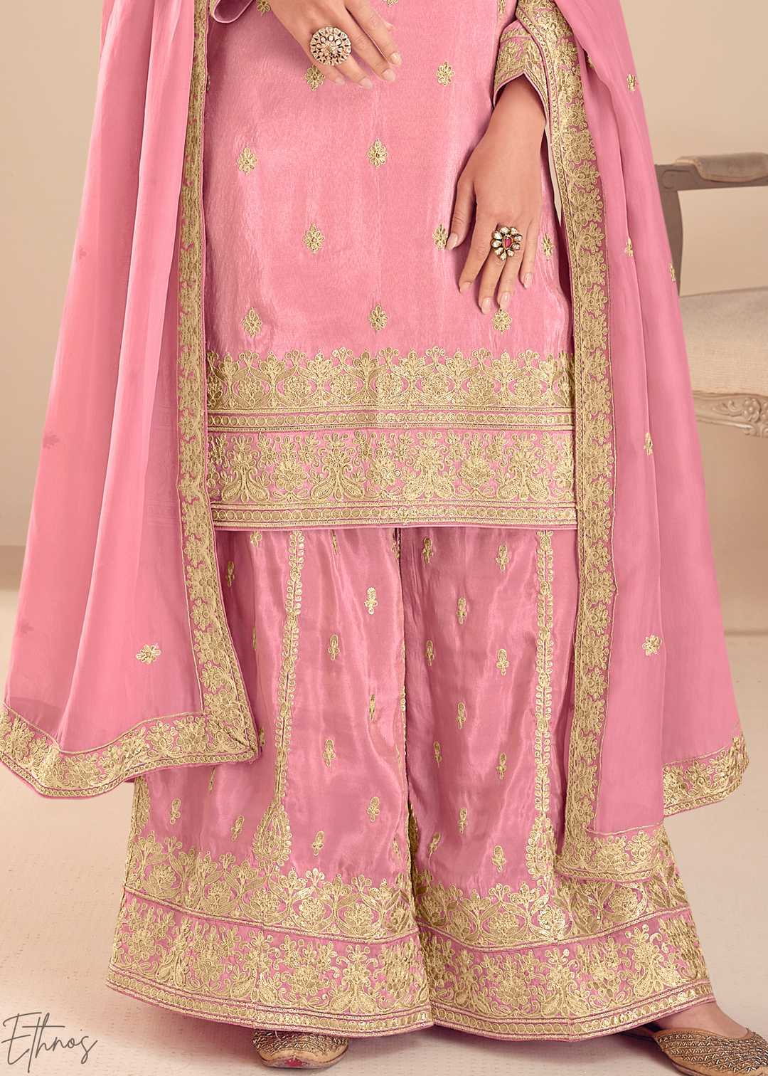 Rose Pink Emboidered Shimmer Silk Sharara Suit