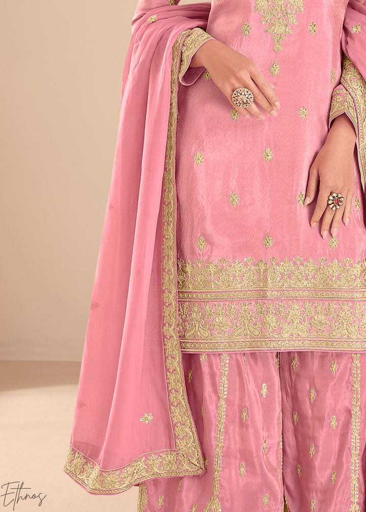 Rose Pink Emboidered Shimmer Silk Sharara Suit