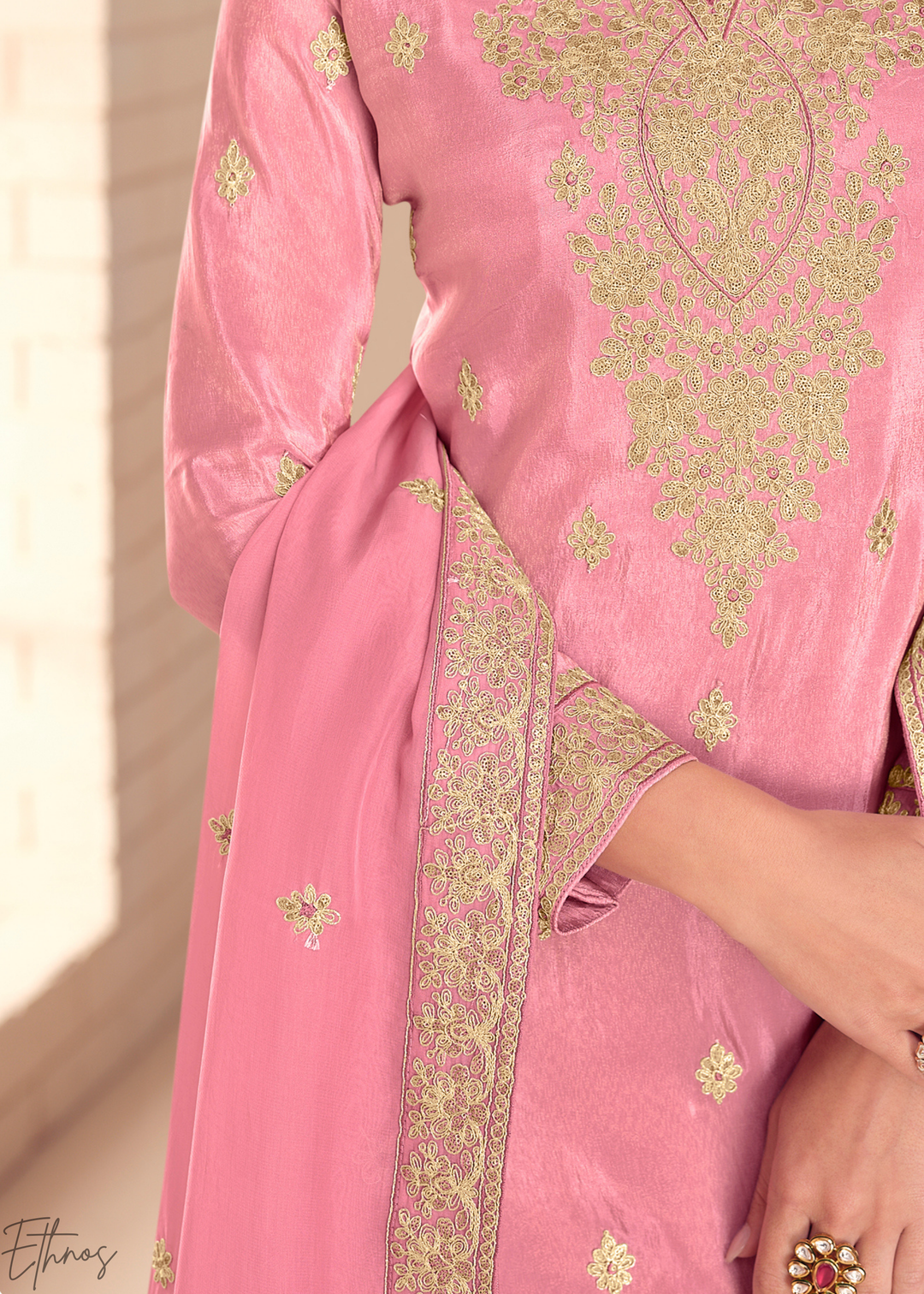 Rose Pink Emboidered Shimmer Silk Sharara Suit