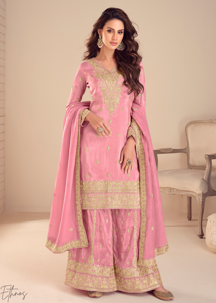 Rose Pink Emboidered Shimmer Silk Sharara Suit