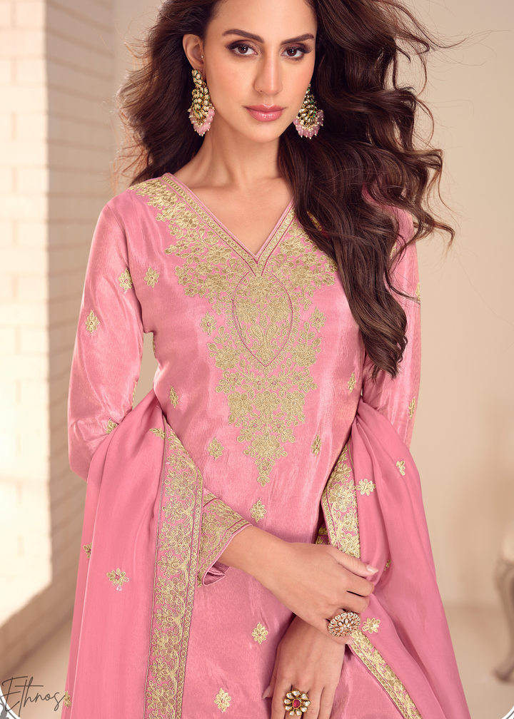Rose Pink Emboidered Shimmer Silk Sharara Suit