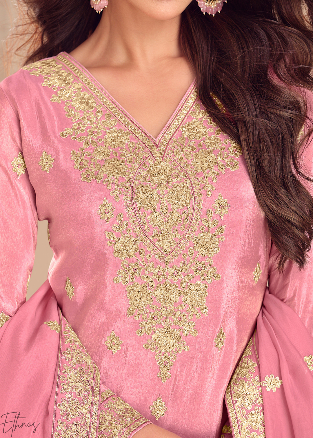 Rose Pink Emboidered Shimmer Silk Sharara Suit