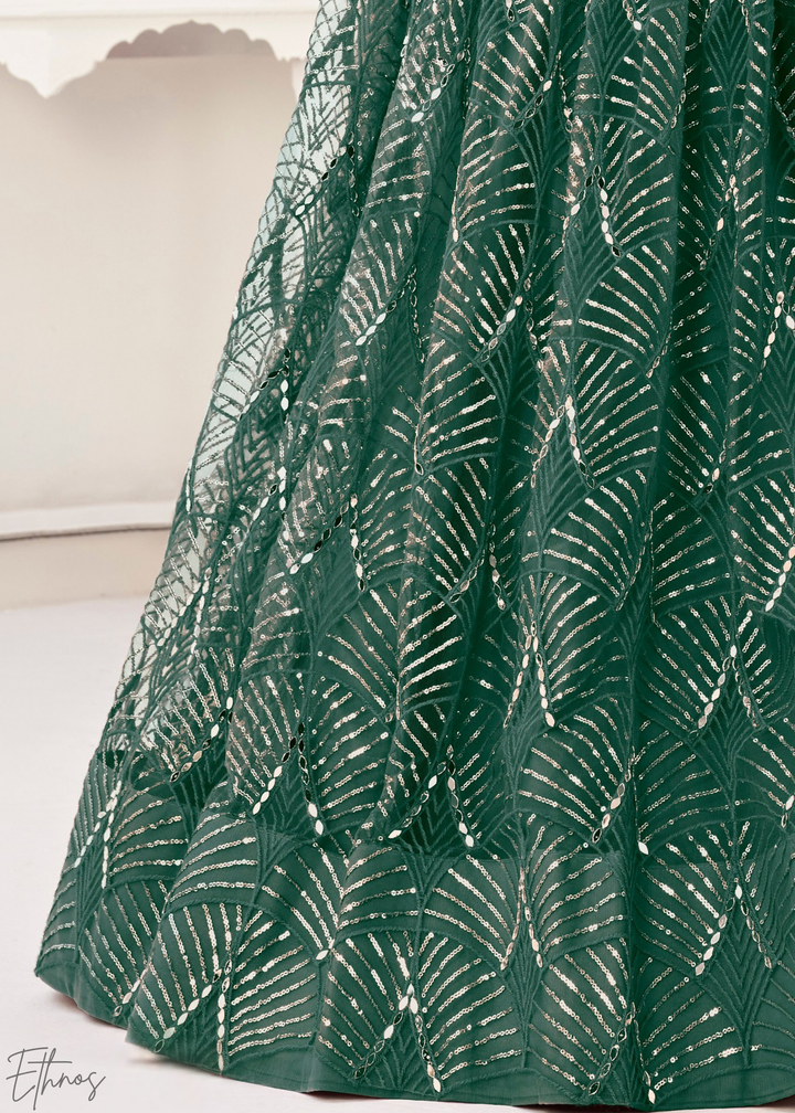 Bottle Green Chevron Tiers Net Lehenga