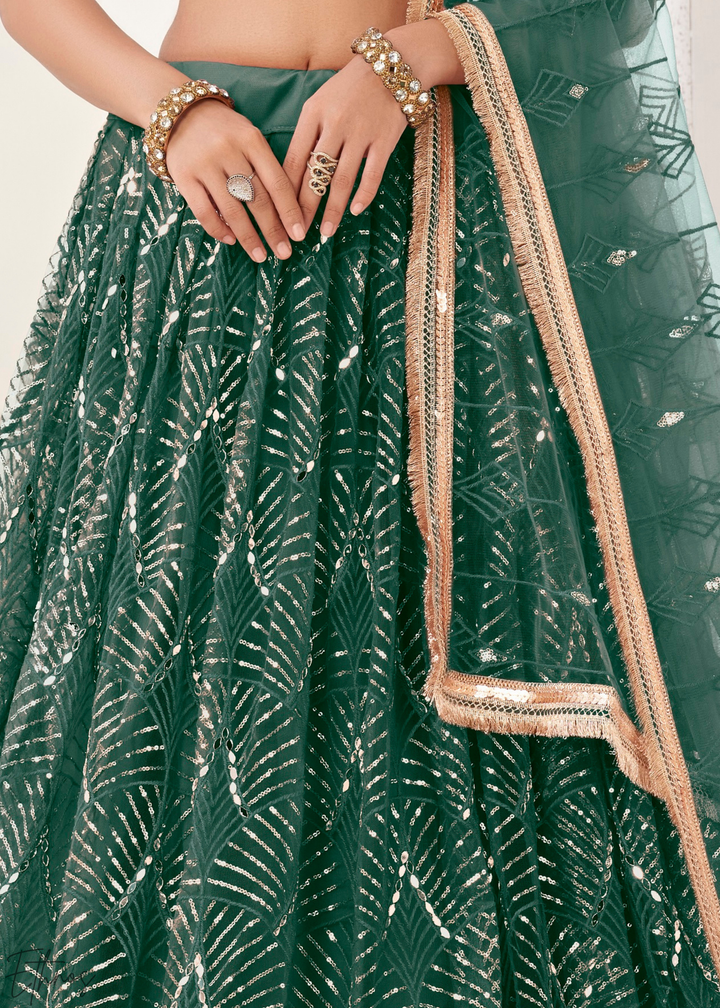 Bottle Green Chevron Tiers Net Lehenga