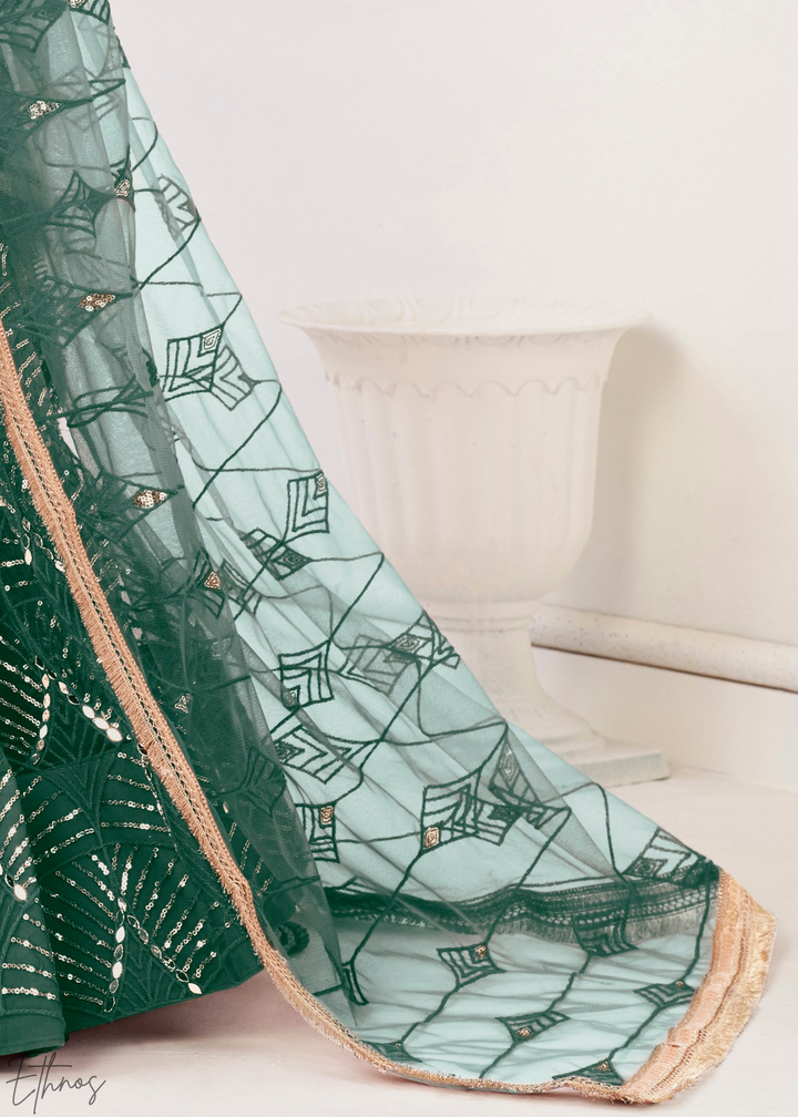Bottle Green Chevron Tiers Net Lehenga