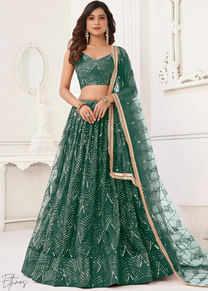 Bottle Green Chevron Tiers Net Lehenga