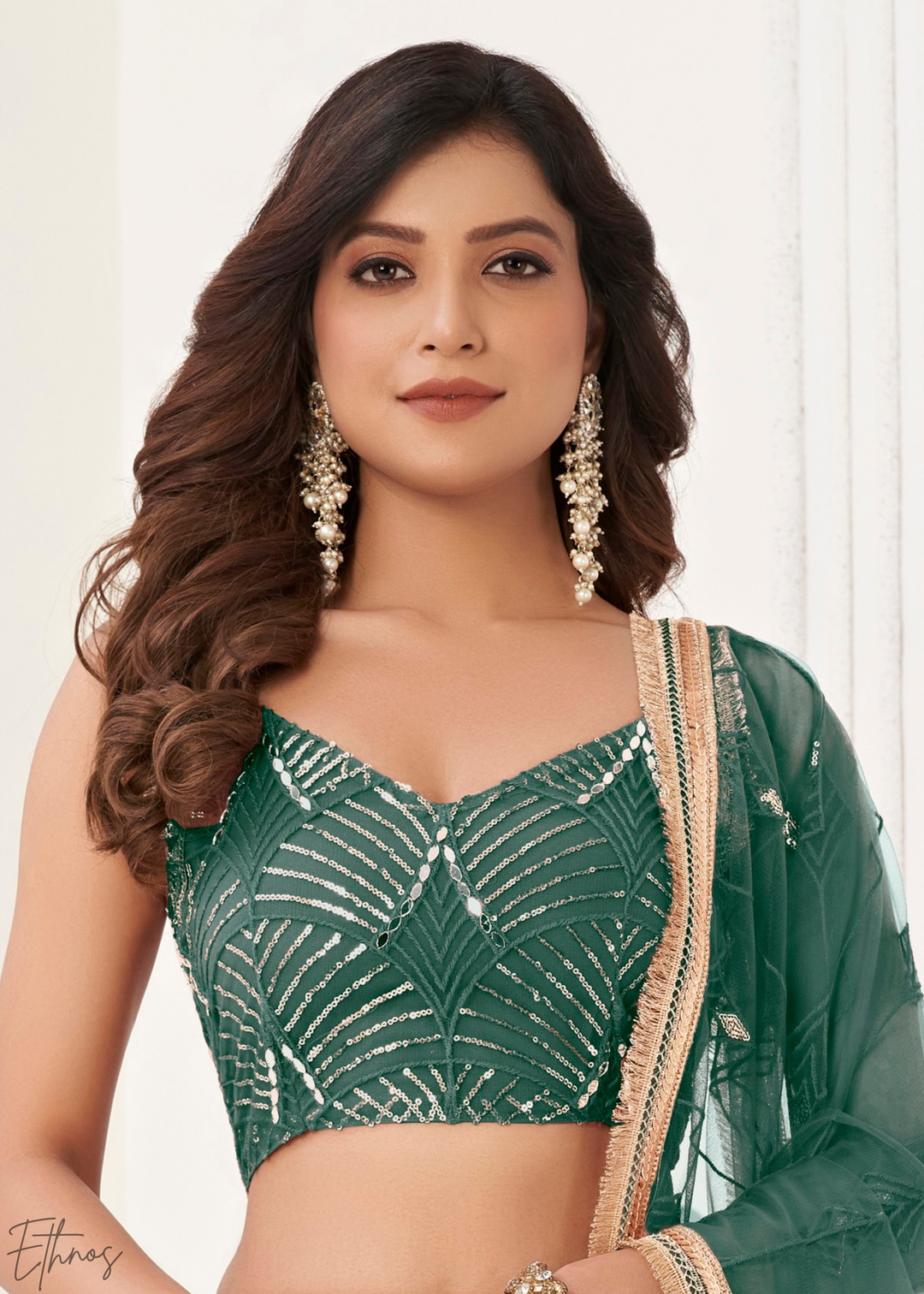 Bottle Green Chevron Tiers Net Lehenga