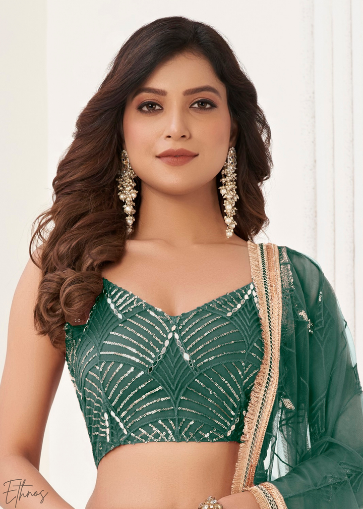 Bottle Green Chevron Tiers Net Lehenga