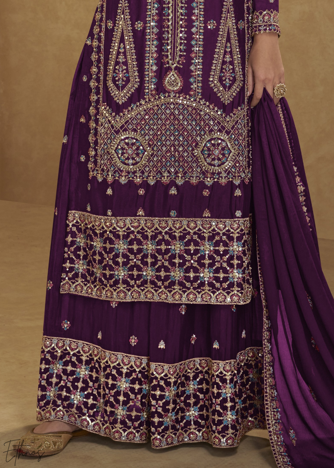 Imperial Wine Zari-Encrusted Chinon Palazzo Suit