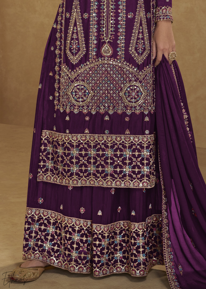 Imperial Wine Zari-Encrusted Chinon Palazzo Suit