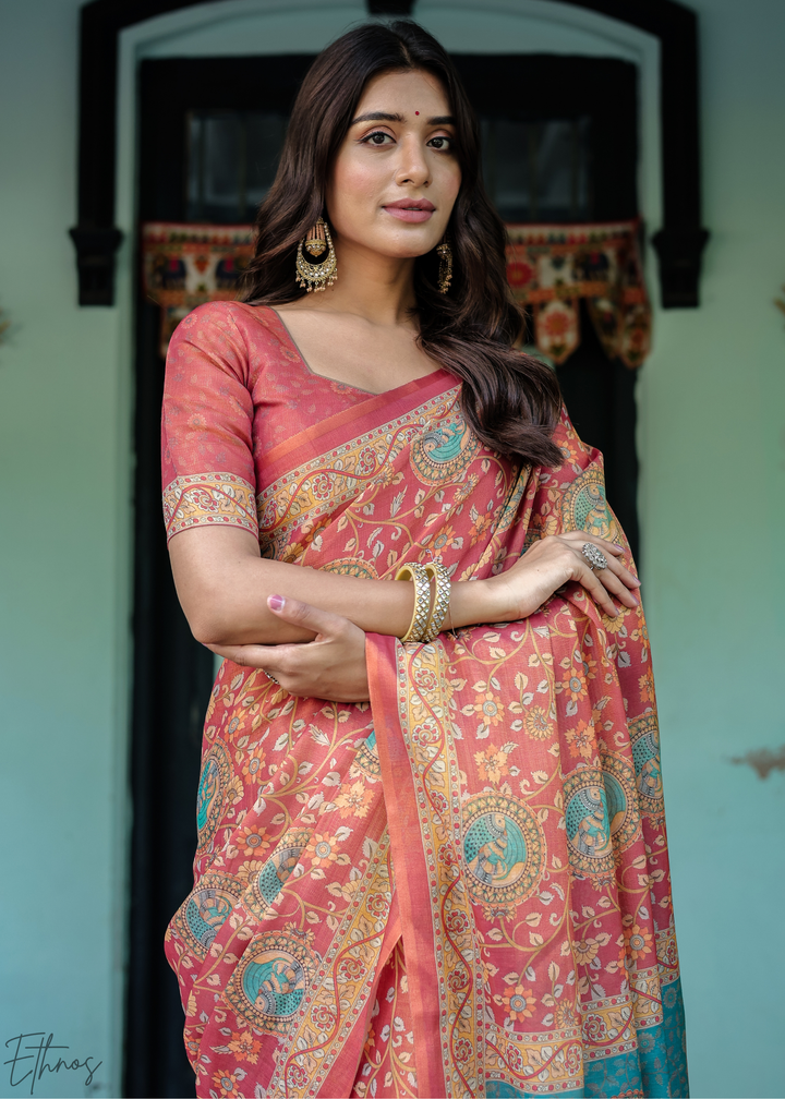 Brick Red Royal Heritage Cotton Linen Saree