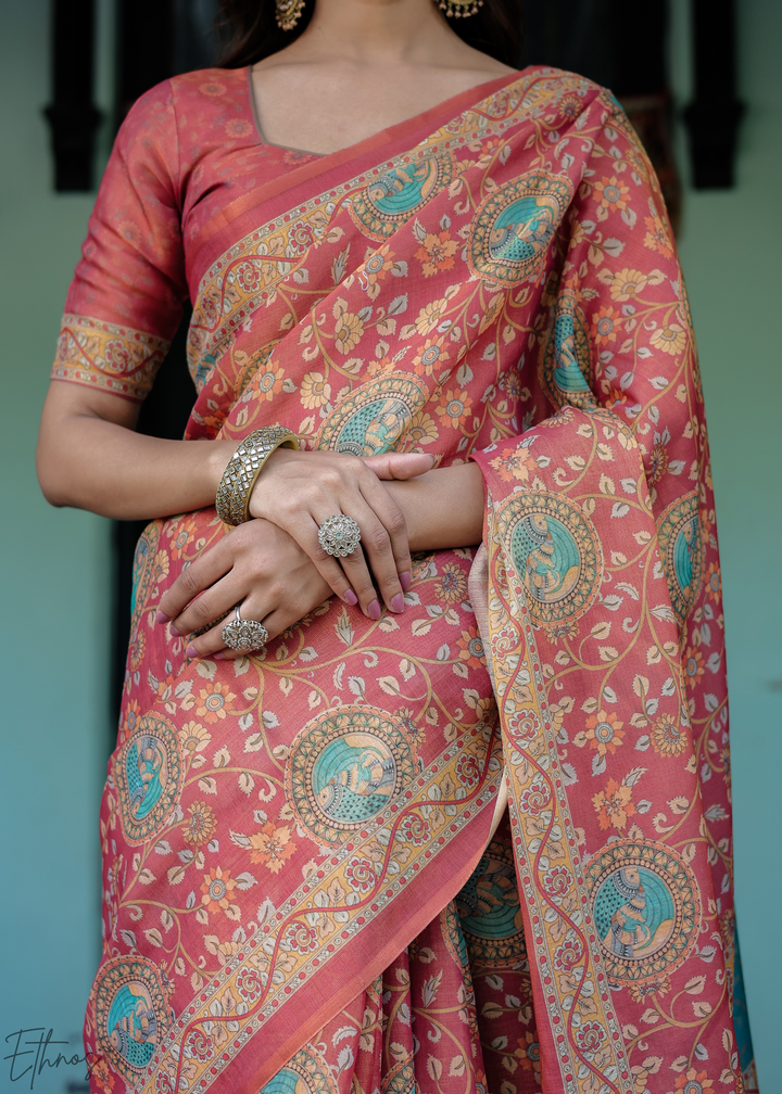 Brick Red Royal Heritage Cotton Linen Saree